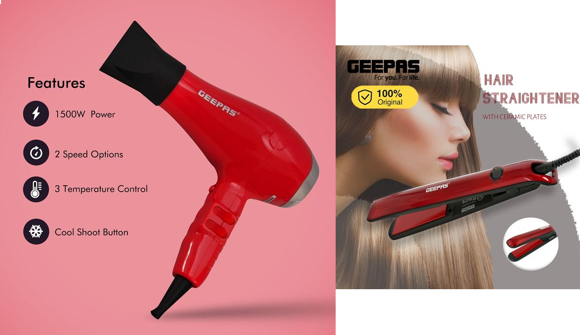 Geepas GH8078 Hair Dryer - Red + Geepas GH8722 Ceramic Hair Straightener -  Black/Red Combo